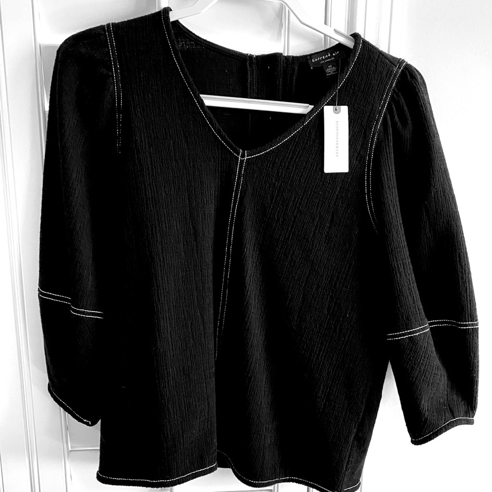 Anthropologie /Current Air/ black top-white stitch